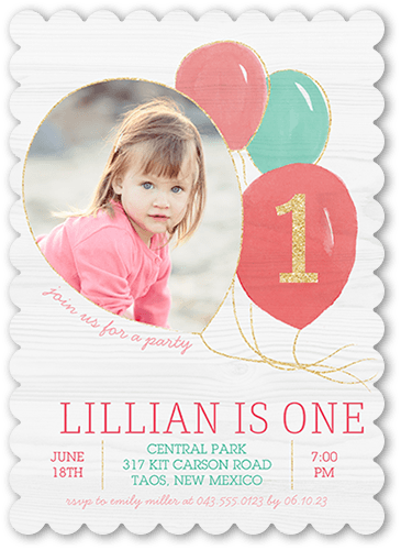Balloon Bunch Girl Birthday Invitation, Pink, 5x7 Flat, Pearl Shimmer Cardstock, Scallop