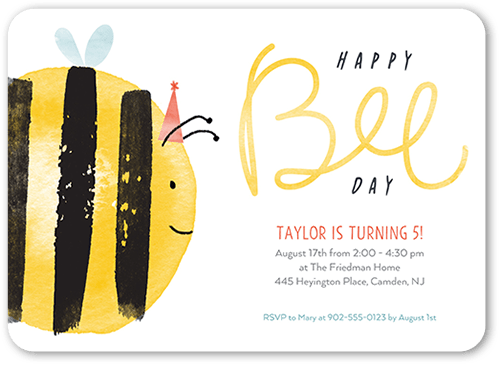 Happy Bee Day Birthday Invitation, Yellow, 5x7, Pearl Shimmer Cardstock, Rounded