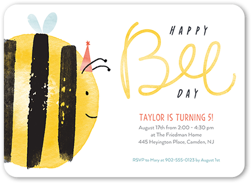 Happy Bee Day Birthday Invitation, Yellow, 5x7 Flat, 100% Recycled Cardstock , Rounded