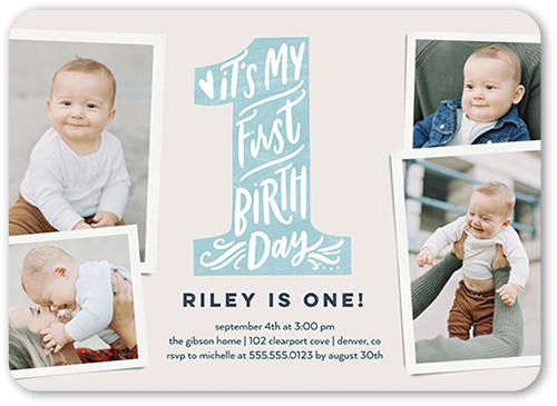 My First Birthday Birthday Invitation, Blue, 5x7 Flat, Pearl Shimmer Cardstock, Rounded