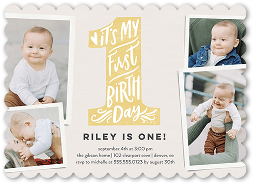 My First Birthday Birthday Invitation, Yellow, 5x7 Flat, Pearl Shimmer Cardstock, Scallop