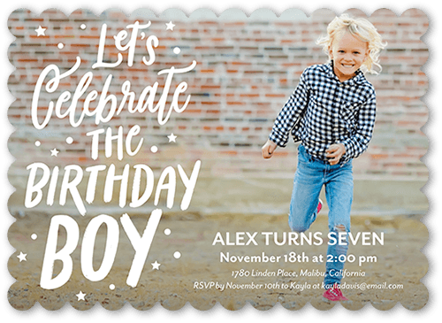 Celebrate Birthday Boy Birthday Invitation, White, 5x7 Flat, Matte, Signature Smooth Cardstock, Scallop