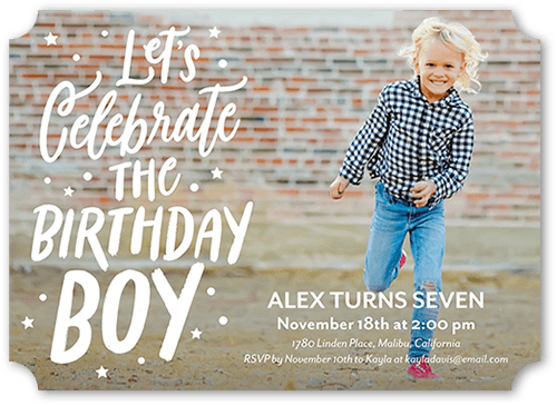 Celebrate Birthday Boy Birthday Invitation, White, 5x7, Pearl Shimmer Cardstock, Ticket