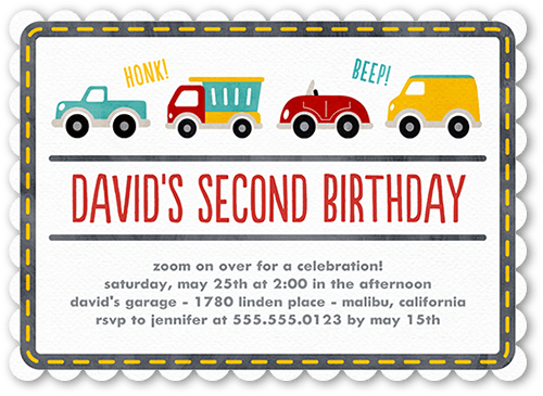 Birthday Cars Birthday Invitation, Grey, 5x7, Pearl Shimmer Cardstock, Scallop