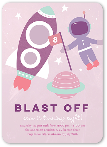 Astronaut Explorer Birthday Invitation, Purple, 5x7 Flat, 100% Recycled Cardstock , Rounded, Purple