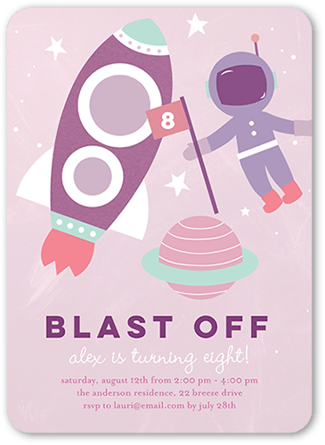 Astronaut Explorer Birthday Invitation, Purple, 5x7 Flat, 100% Recycled Cardstock ?, Rounded