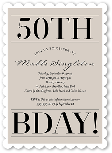 Dignified Design Birthday Invitation, Grey, 5x7 Flat, Pearl Shimmer Cardstock, Scallop, White