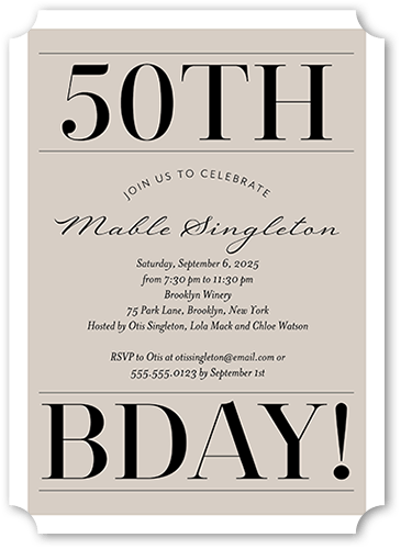 Dignified Design Birthday Invitation, Grey, 5x7 Flat, Matte, Signature Smooth Cardstock, Ticket, White