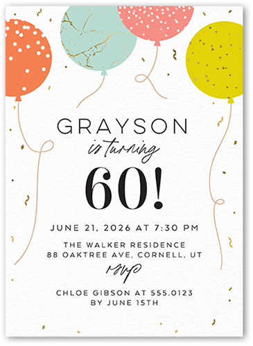 Balloon Backsplash Birthday Invitation, Orange, 5x7 Flat, Pearl Shimmer Cardstock, Square