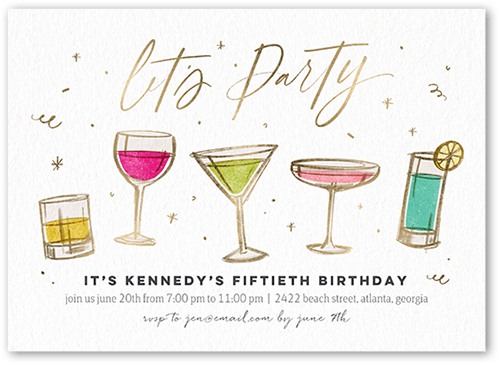 Classy Cocktails Birthday Invitation, White, 5x7 Flat, Pearl Shimmer Cardstock, Square