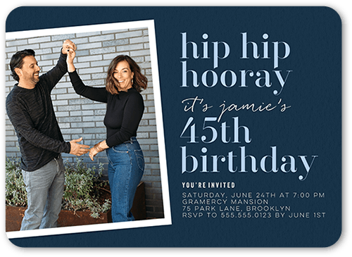 Happy Hooray Birthday Invitation, Blue, 5x7 Flat, Pearl Shimmer Cardstock, Rounded