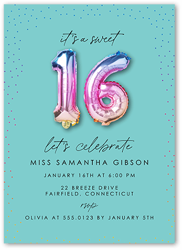 Sweetest Sixteen Birthday Invitation, Blue, 5x7 Flat, Luxe Double-Thick Cardstock, Square