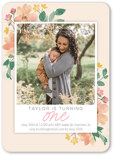 Sweetest Floral Birthday Invitation, Orange, 5x7 Flat, Matte, Signature Smooth Cardstock, Rounded, Peach