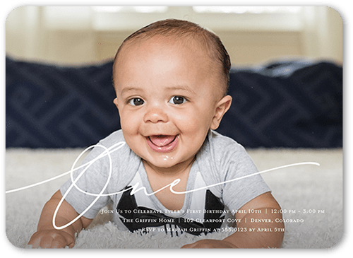 Simply One Birthday Invitation, White, 5x7 Flat, Pearl Shimmer Cardstock, Rounded, White