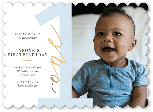 Only One Birthday Invitation, White, 5x7 Flat, Pearl Shimmer Cardstock, Scallop