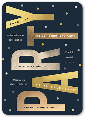 Festive Fashion Birthday Invitation, Blue, 5x7 Flat, 100% Recycled Cardstock , Rounded, Navy