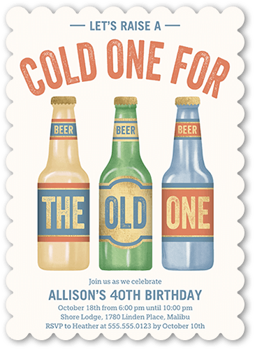 Cold One Birthday Invitation, Blue, 5x7 Flat, Pearl Shimmer Cardstock, Scallop