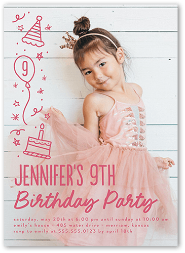 Cascading Cheer Birthday Invitation, Pink, 5x7 Flat, Luxe Double-Thick Cardstock, Square