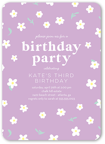 Daisy Decor Birthday Invitation, Purple, 5x7, Pearl Shimmer Cardstock, Rounded