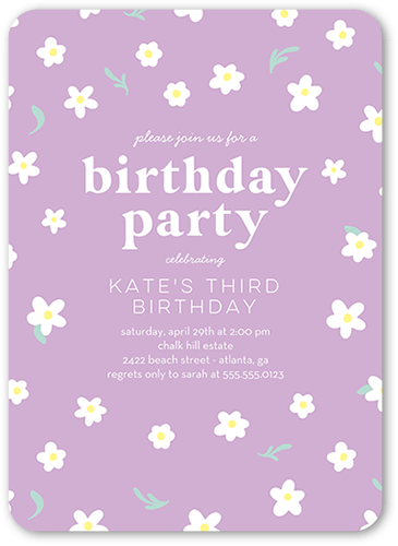 Daisy Decor Birthday Invitation, Purple, 5x7 Flat, Pearl Shimmer Cardstock, Rounded, Lilac