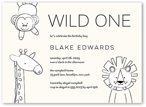 Celebratory Creatures Birthday Invitation, Beige, 5x7 Flat, Standard Smooth Cardstock, Square, Cream