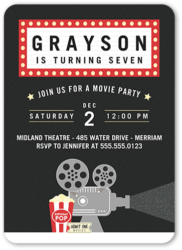 Movie Moment Birthday Invitation, Black, 5x7 Flat, Pearl Shimmer Cardstock, Rounded