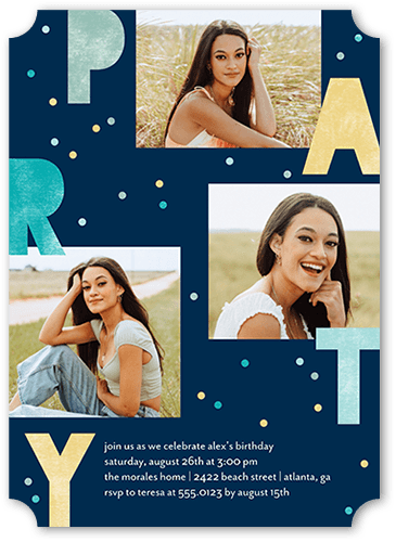 Speckled Letters Birthday Invitation, Blue, 5x7 Flat, Pearl Shimmer Cardstock, Ticket