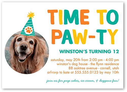 Pawty Time Birthday Invitation, White, 5x7 Flat, 100% Recycled Cardstock , Square