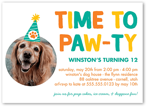 Pawty Time Birthday Invitation, White, 5x7 Flat, 100% Recycled Cardstock ?, Square