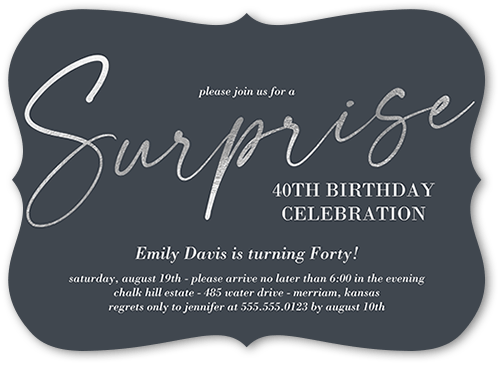 Spectacular Surprise Birthday Invitation, Grey, 5x7 Flat, Pearl Shimmer Cardstock, Bracket