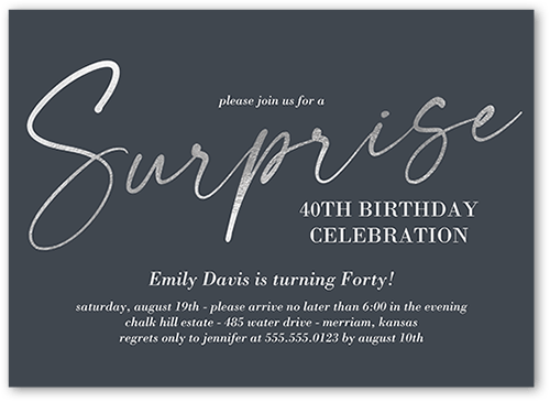 Spectacular Surprise Birthday Invitation, Grey, 5x7 Flat, Pearl Shimmer Cardstock, Square