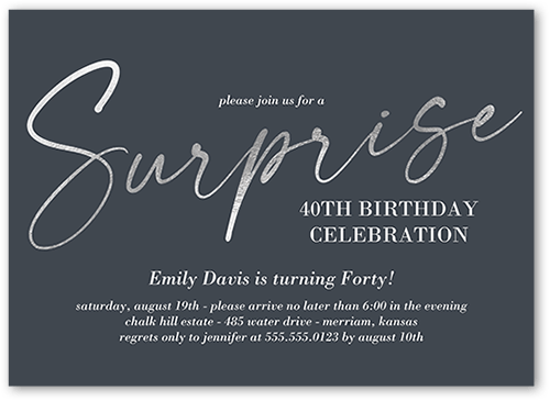 Spectacular Surprise Birthday Invitation, Grey, 5x7 Flat, 100% Recycled Cardstock ?, Square