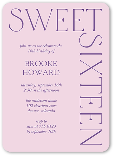 Simply Sixteen Birthday Invitation, Purple, 5x7 Flat, Matte, Signature Smooth Cardstock, Rounded