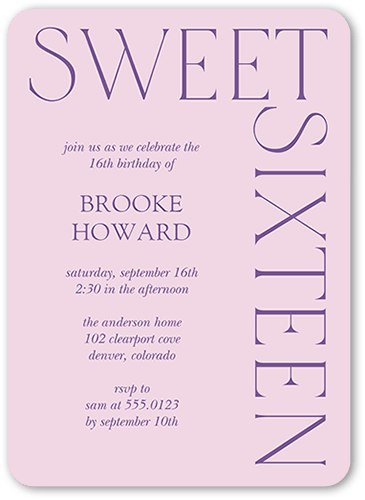 Simply Sixteen Birthday Invitation, Purple, 5x7 Flat, Standard Smooth Cardstock, Rounded