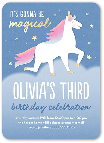 Unique Unicorn Birthday Invitation, Blue, 5x7, Pearl Shimmer Cardstock, Rounded