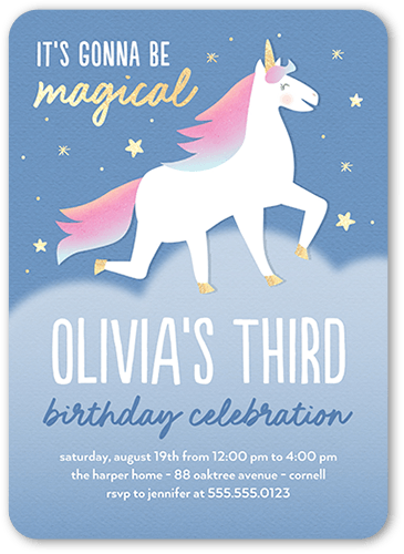Unique Unicorn Birthday Invitation, Blue, 5x7 Flat, 100% Recycled Cardstock , Rounded, Periwinkle