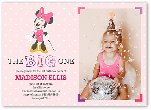 Disney Minnie Mouse First Birthday Birthday Invitation, Pink, 5x7, Pearl Shimmer Cardstock, Square