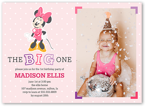 Disney Minnie Mouse First Birthday Birthday Invitation, Pink, 5x7 Flat, Standard Smooth Cardstock, Square