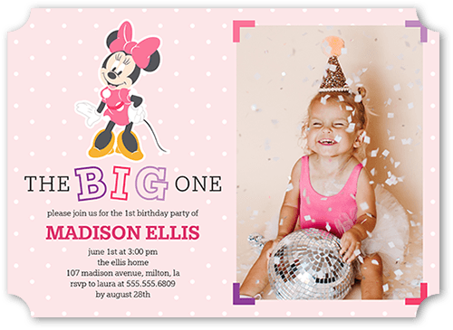 Disney Minnie Mouse First Birthday Birthday Invitation, Pink, 5x7, Pearl Shimmer Cardstock, Ticket