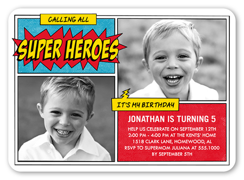 Super Hero Celebration Birthday Invitation, Red, Pearl Shimmer Cardstock, Rounded