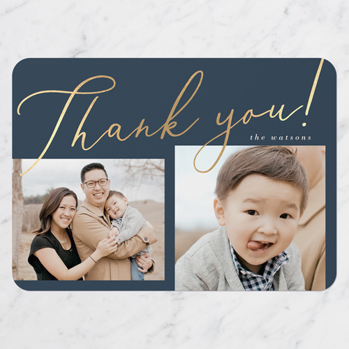 Fancy Recognition Thank You Card, Blue, 5x7 Flat, 100% Recycled Cardstock , Rounded, Navy