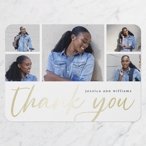 Luminous Script Thank You Card, Gold Foil, White, 5x7 Flat, Pearl Shimmer Cardstock, Rounded, White