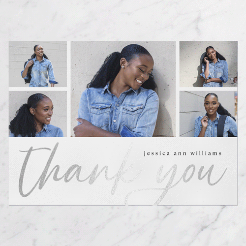 Luminous Script Thank You Card, White, Silver Foil, 5x7 Flat, Pearl Shimmer Cardstock, Square, White