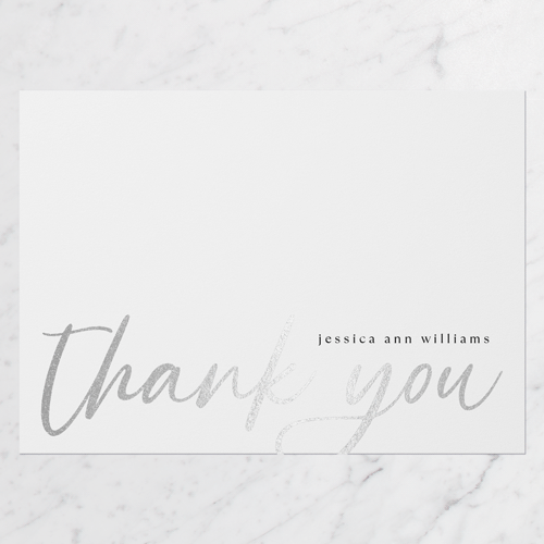 Stamp Script Thank You Card, White, Silver Foil, 5x7 Flat, Matte, Signature Smooth Cardstock, Square, White