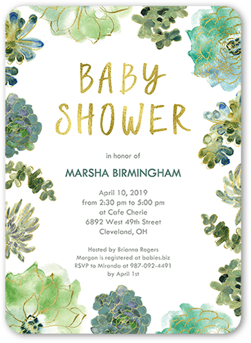 Splendid Succulents Baby Shower Invitation, Green, 5x7 Flat, Pearl Shimmer Cardstock, Rounded