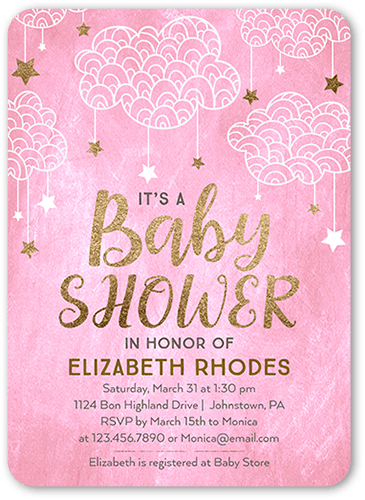 Starlit Clouds Girl Baby Shower Invitation, Pink, 5x7 Flat, Pearl Shimmer Cardstock, Rounded