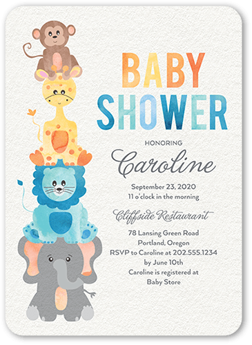 Safari Soiree Baby Shower Invitation, White, 5x7 Flat, Pearl Shimmer Cardstock, Rounded