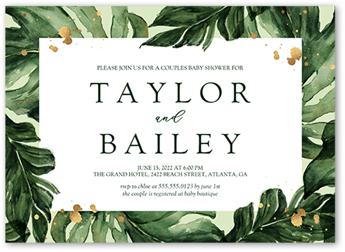 Watercolor Fronds Baby Shower Invitation, Green, 5x7 Flat, Pearl Shimmer Cardstock, Square
