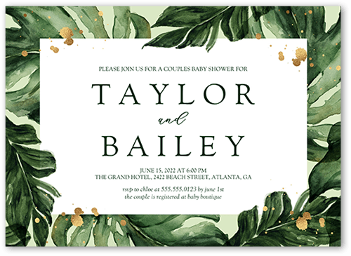 Watercolor Fronds Baby Shower Invitation, Green, 5x7 Flat, Standard Smooth Cardstock, Square