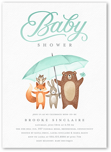 Umbrella Friends Baby Shower Invitation, Green, 5x7 Flat, Pearl Shimmer Cardstock, Square